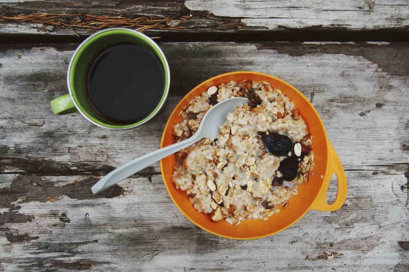 Outdoor oatmeal with coffee