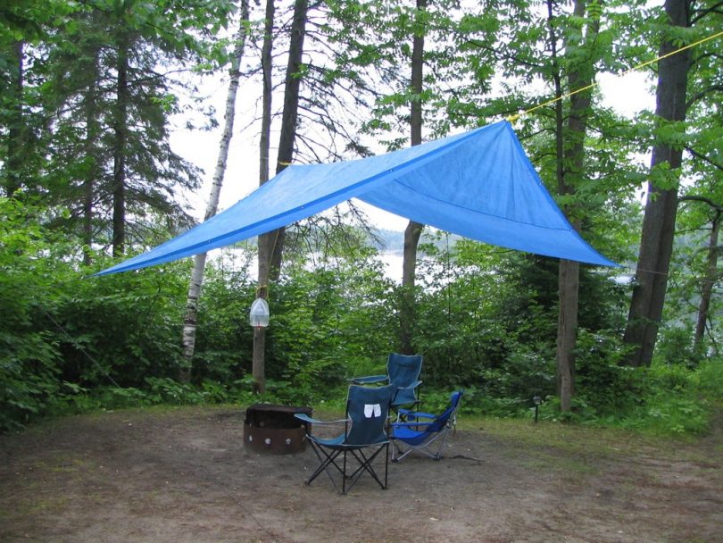 Blue tarp in the forest