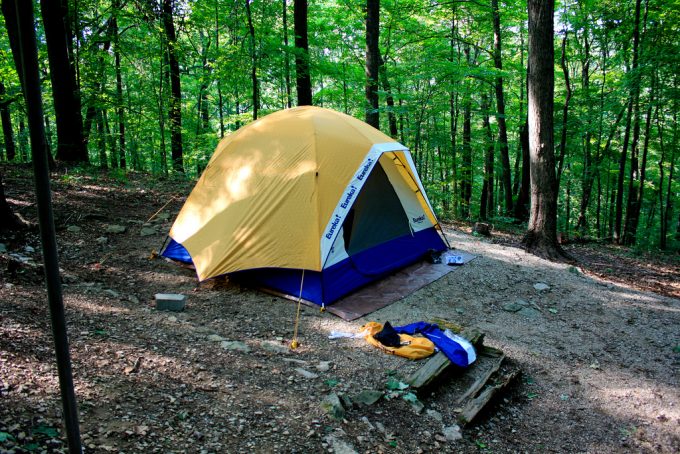 camping nylon tent in the woods