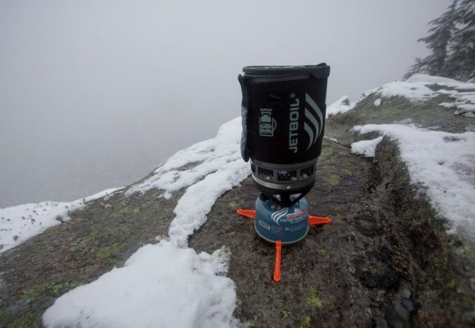 jetboil stove on snowy rock