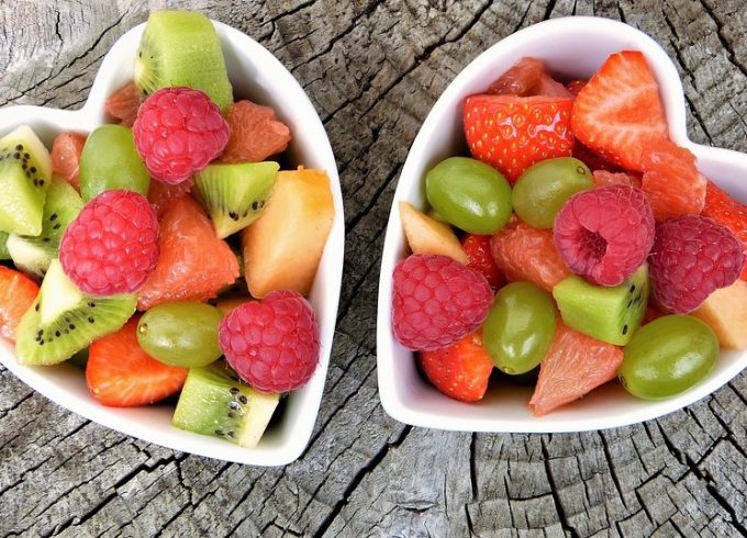 fruit salad in a heart shaped bowls